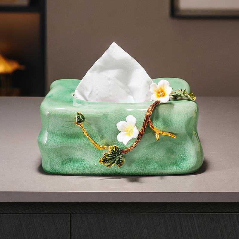 高档陶瓷纸巾盒客厅轻奢茶几桌面家用纸抽盒书房装饰优雅中式摆件