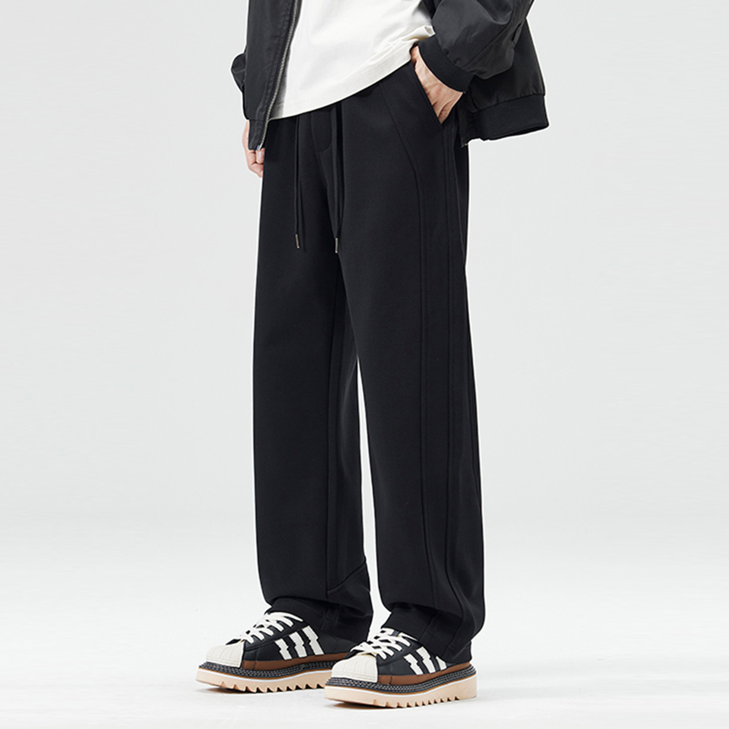 加绒垂感百搭抽绳松紧腰卫裤男