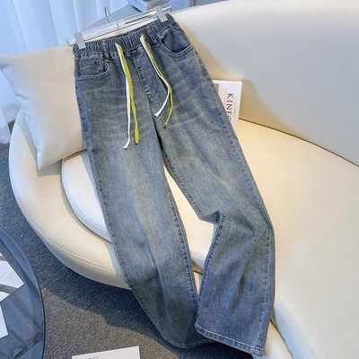 浅蓝色松紧腰弹力阔腿牛仔裤春装女2C025新款高腰宽松直筒裤小个