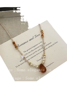 时尚天然石串珠珍珠项链女气质甜美清新少女感多巴胺百搭锁骨链夏