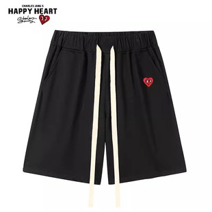 查尔斯桃心 宽松休闲抽绳爱心刺绣情侣五分短裤
