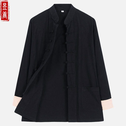 秋季男士唐装外套民族风青年汉服上衣复古盘扣立领衬衫休闲爸爸装