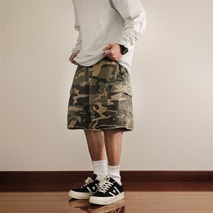 休闲宽松潮牌五分裤 美式 夏季 军短裤 男 复古做旧毛边迷彩多口袋工装