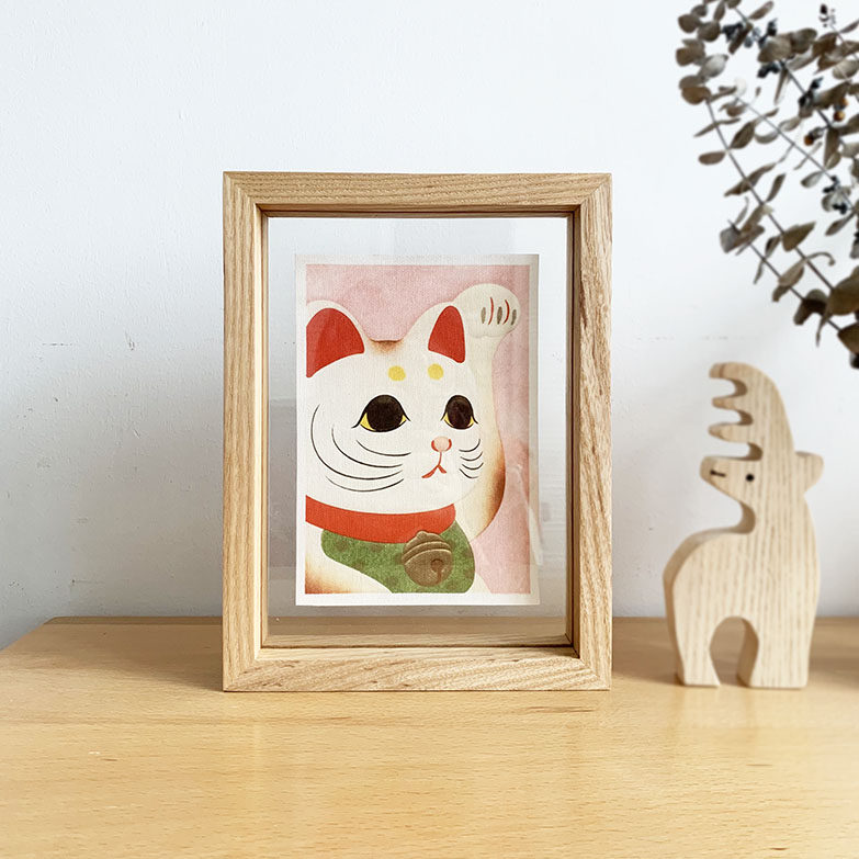 日式招财猫动物装饰画摆台挂画精致个性礼物摆件高档实木透明相框