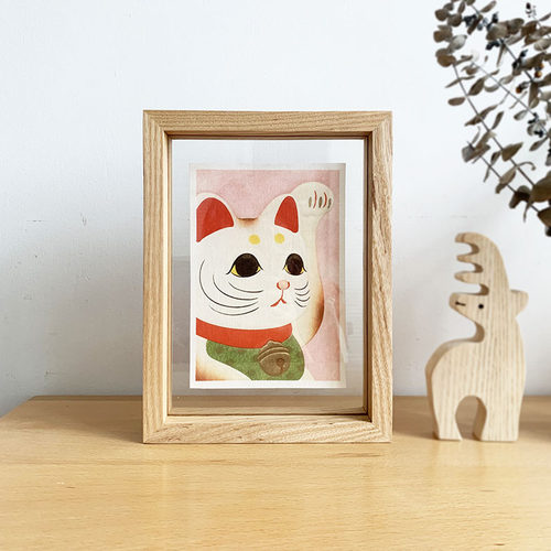 日式招财猫动物装饰画摆台挂画精致个性礼物摆件高档实木透明相框