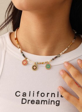 新中式复古彩色串珠项链女小众百搭高级感精致气质简约时尚锁骨链