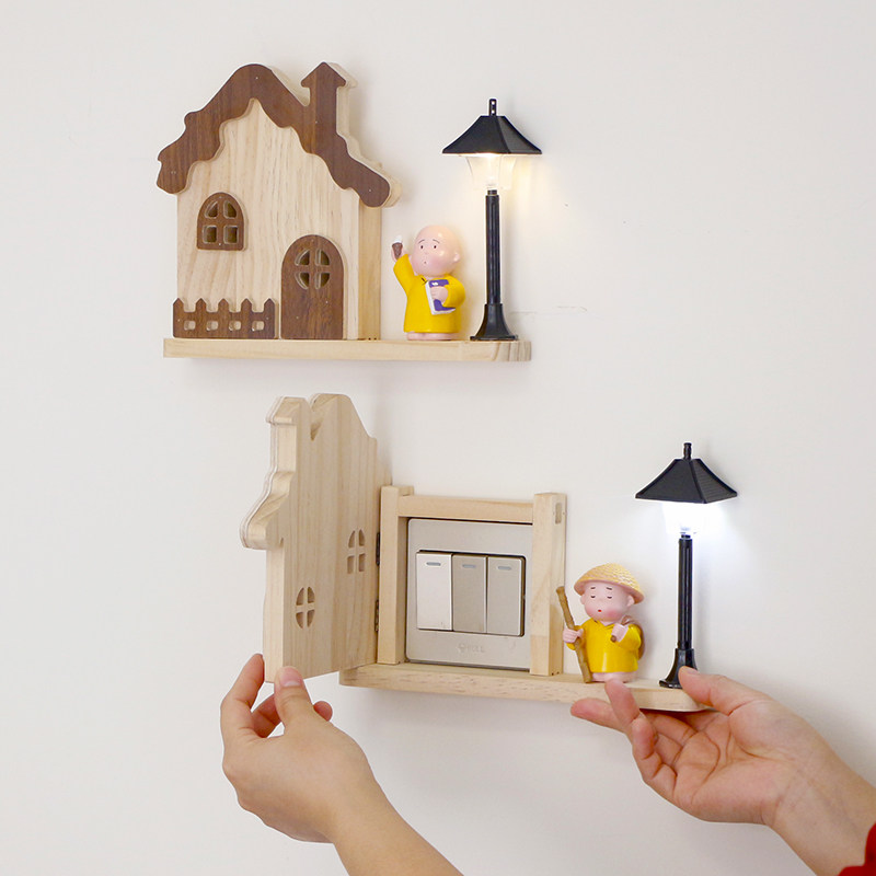 实木电源开关插座遮挡装饰贴家用美化墙面带灯墙洞遮丑盒防触电罩