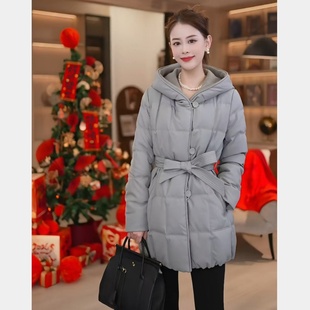 「艾薇严选」鹅绒中长款收腰显瘦系带羽绒服25AW0251