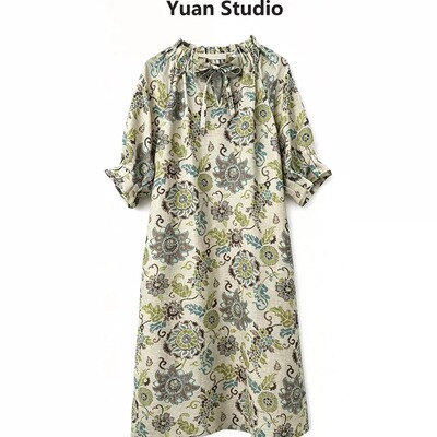 【YUAN】天丝亚麻印花连衣裙休闲女装(裙长112)
