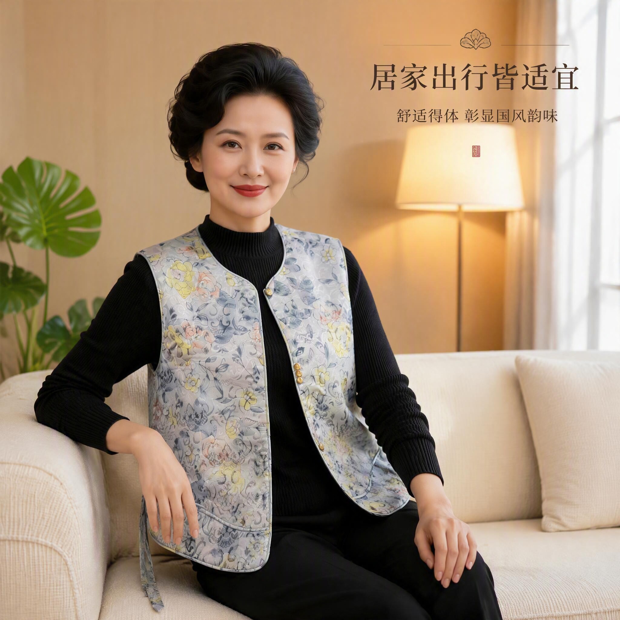 中老年国风花卉图案妈妈马甲