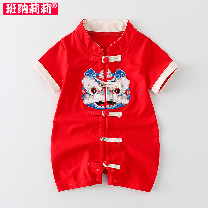 婴儿中国b风连体衣新生儿满月百天衣服纯棉哈衣夏季宝宝短袖爬爬