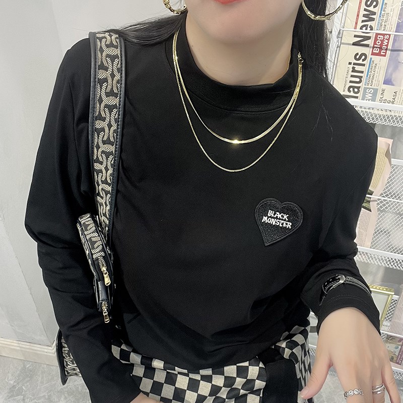 长袖t恤女20i24新款黑白色纯棉春秋外穿大码正肩宽松半高领打底衫