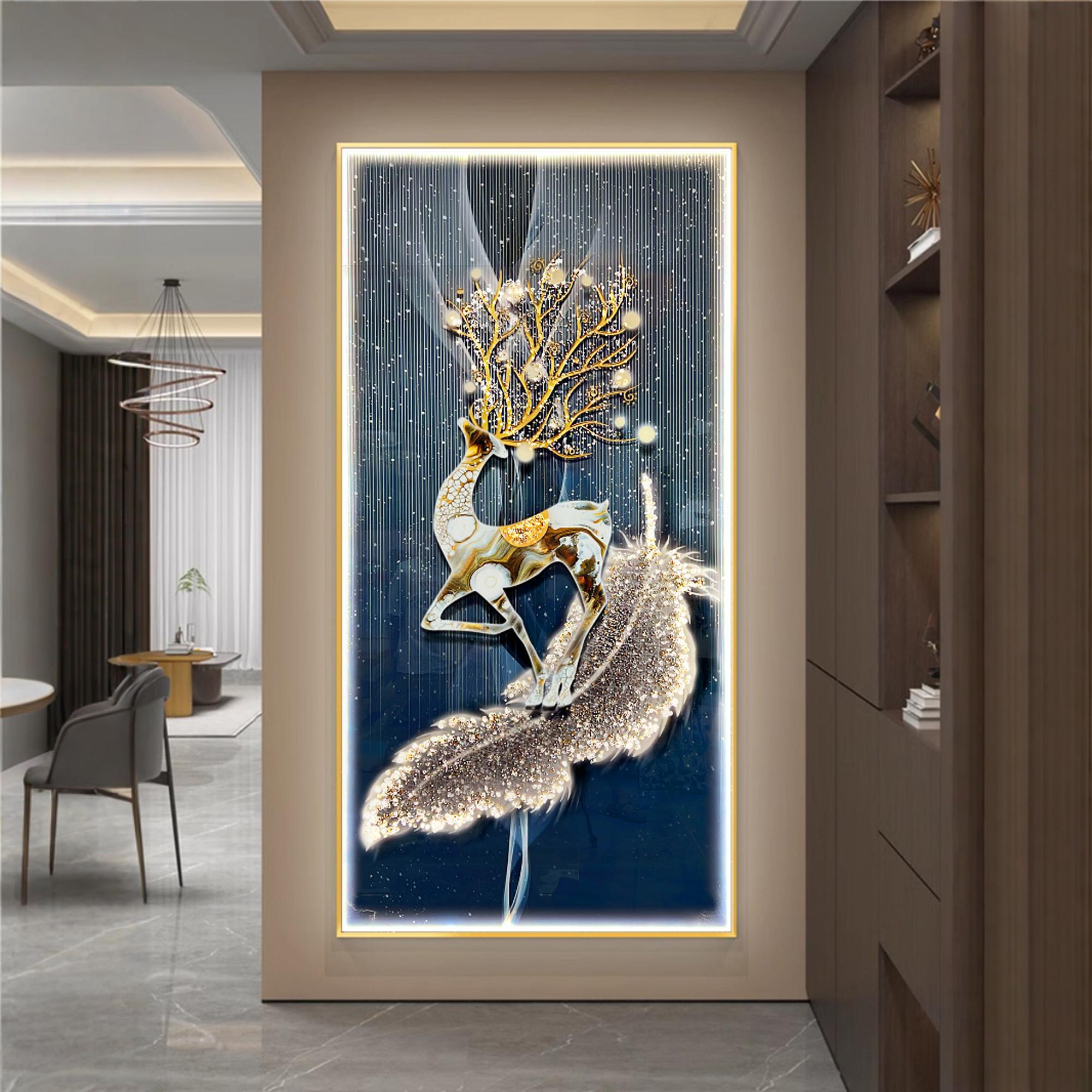 大气麋鹿入户玄关装饰画现代简约进门过道挂画轻奢走廊镶钻晶瓷画