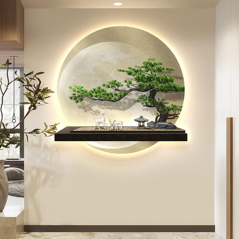 迎客松树圆形玄关装饰画新中式月球走廊挂画麋鹿茶室入户带灯壁画