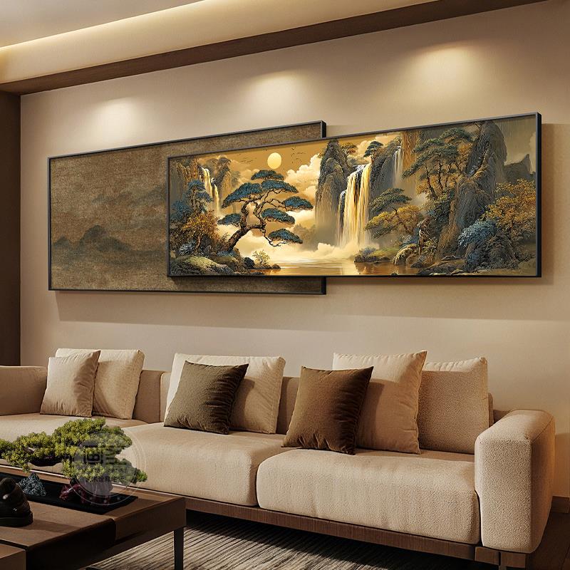 流水生财客厅装饰画宋代美学茶室叠加挂画迎客松树沙发背景墙壁画