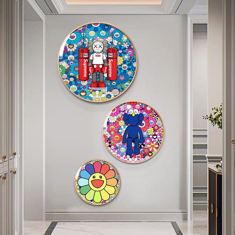 村上隆太阳花玄关装饰画潮牌kaws客厅餐厅墙壁画圆形卧室床头挂画