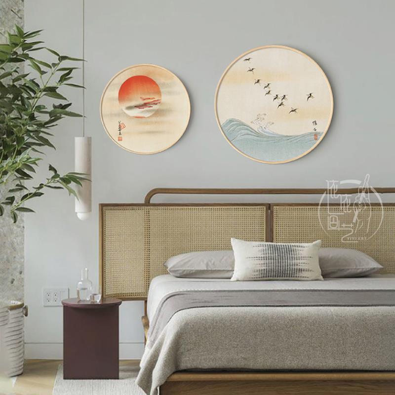 日式太阳红日飞鸟卧室圆形装饰画画现代简约和风民宿酒店挂画画饭