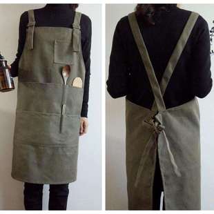 亚马逊复古简约水洗做旧帆布交叉背带围裙绘画工匠工作服厚实围裙