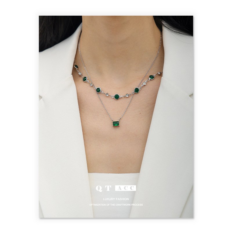 法式复古宫廷风轻奢气质圆珠链祖母绿锆石叠戴设计配饰新品项链女