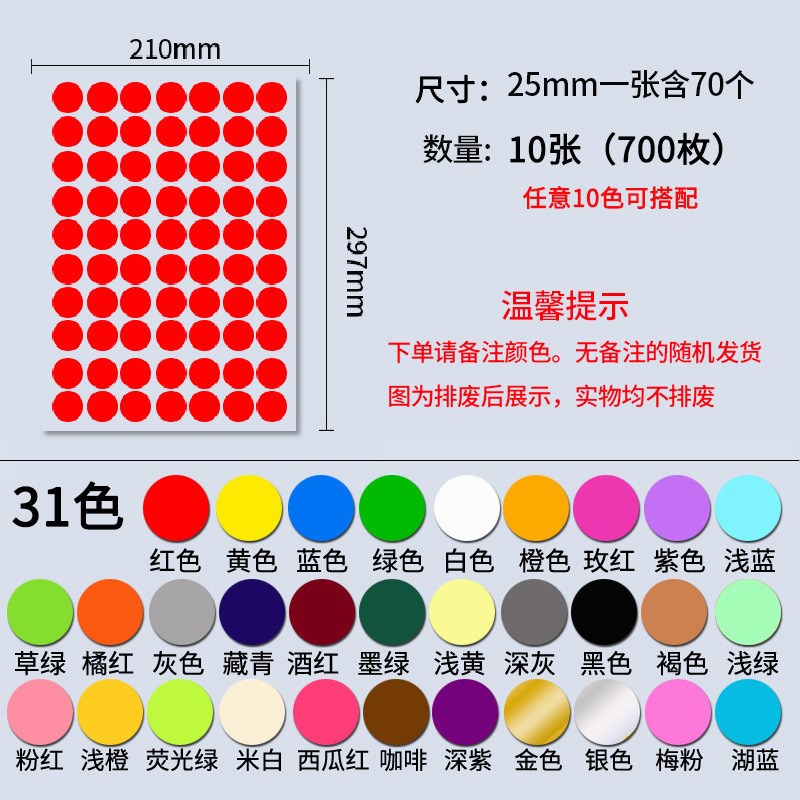 彩色圆点标签数字日期记号贴标签贴多色可选圆形分类不干胶贴纸