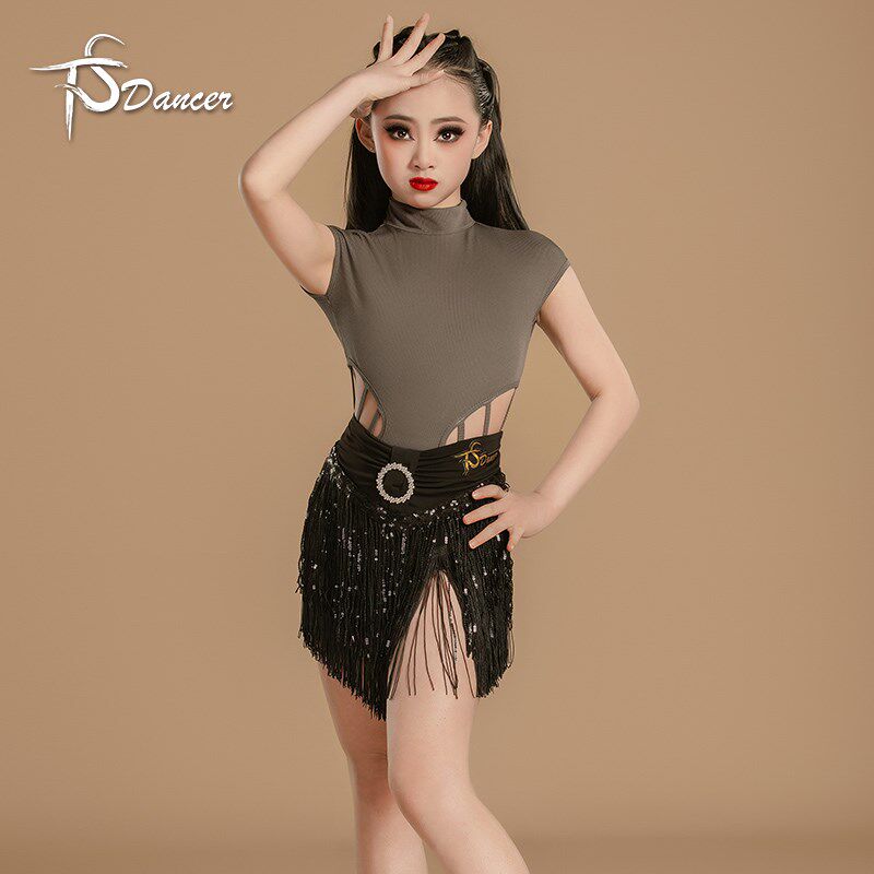 2025新款拉丁j舞女童练功表演服儿童网红亮片连体流苏套装少儿比