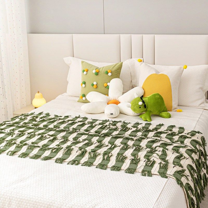 北欧黄绿色儿童房床品多件套民宿样板间软装床旗抱枕棉流苏搭毯,床上用品,床旗,淘宝优惠券,粉丝福利购,淘宝优惠卷