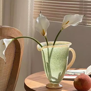 绿色玻璃花瓶中古风琉璃质感玉色奶壶花器插花水养家居桌面装饰