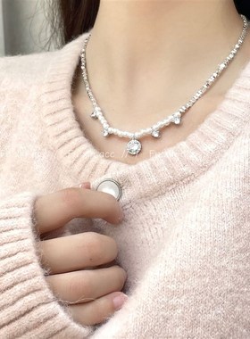 碎银珍珠钻锆石菱形锆石组合项链女精致百搭毛衣链轻奢赫本风首饰