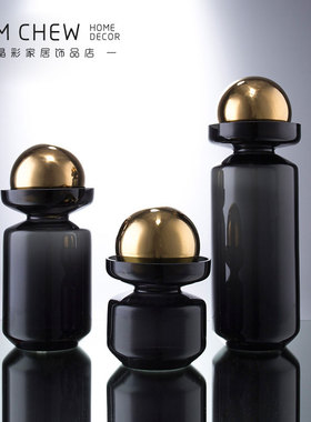 北欧现代黑色带圆球摆件玻璃花瓶客餐厅电视柜样板房酒店软装饰品