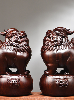 黑檀木雕福貔貅摆件一对实木家居客厅新居乔迁办公装饰中式工艺品