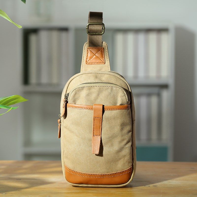 胸包男帆布复古文艺小背包配真皮男士单肩斜挎包运动休闲胸前包,箱包皮具/热销女包/男包,胸包,淘宝优惠券,粉丝福利购,淘宝优惠卷