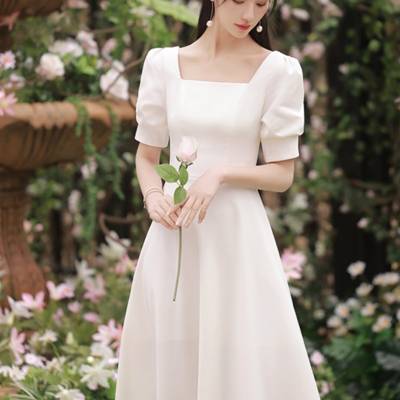订婚礼服女夏平时可穿超q仙气质显瘦遮肉小个子白色连衣裙领证登