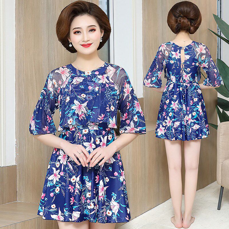 妈妈泳衣中老年款女保守加肥加大B码温泉显瘦遮肚连体裙式平角泳