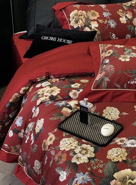 美式花卉全棉纯棉结婚庆四件v套 100支长绒棉被套床上用品红色床