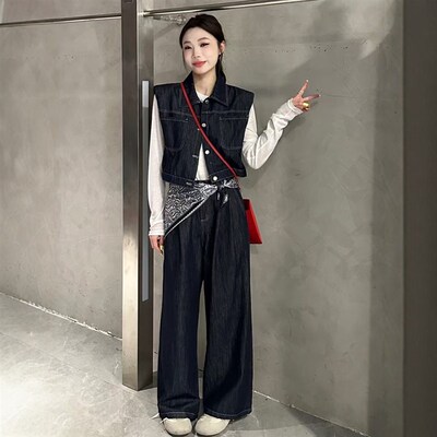 独品1290无袖牛仔马q甲外套阔腿裤配丝巾时尚洋气套装女春夏季新