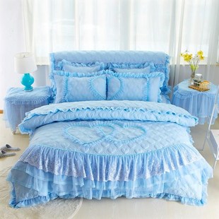 新款 被罩夹棉结婚床单被套六件套 婚庆四件套大红色加厚床裙床罩式