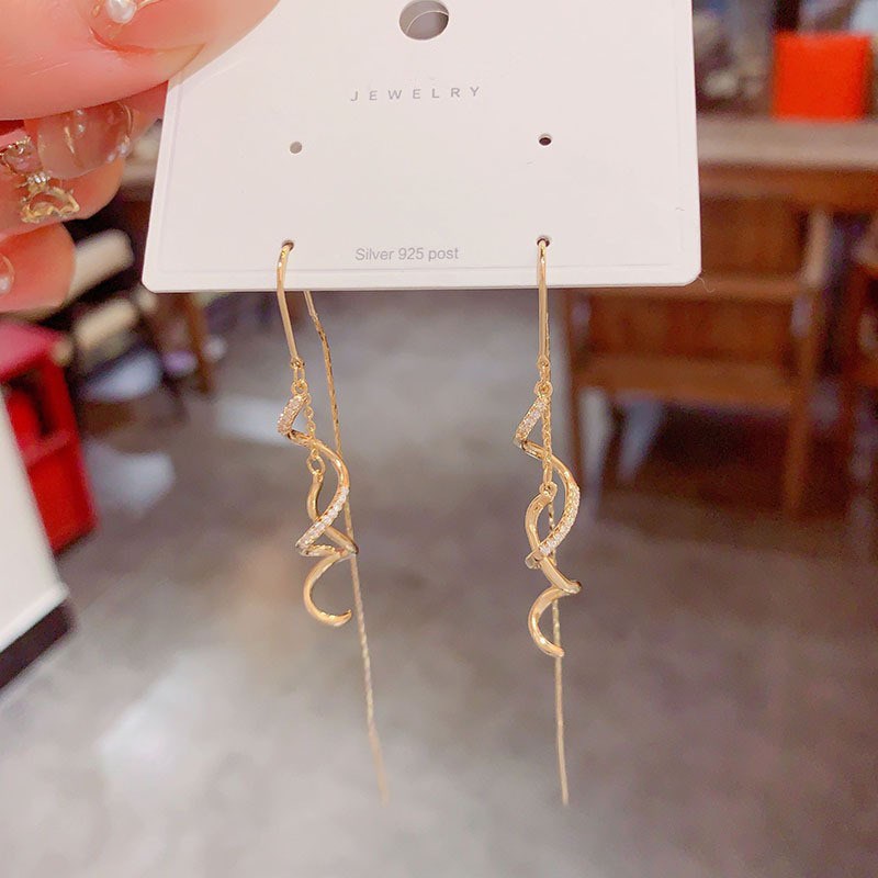 微镶波浪螺旋耳线韩国高级感气质长款耳环网红显瘦耳饰冷淡风耳坠
