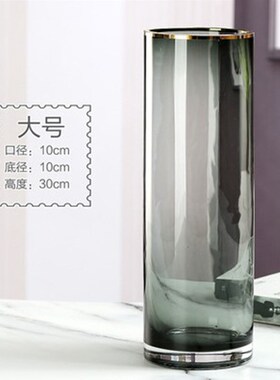 简约金边直筒圆形灰色玻璃插花水养花瓶金口花瓶家居餐桌客厅摆件