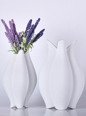 白色花瓣陶d瓷玄关花瓶摆件客厅插花轻奢高档电视柜新中花艺装饰