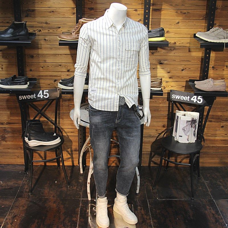 发泡格竖条纹男短袖衬衫简约时尚日系休闲男中袖翻领衬衣