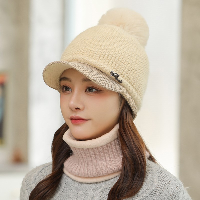 秋冬保暖帽女新款针织鸭舌帽兔毛加厚女帽 围脖护耳帽两件套
