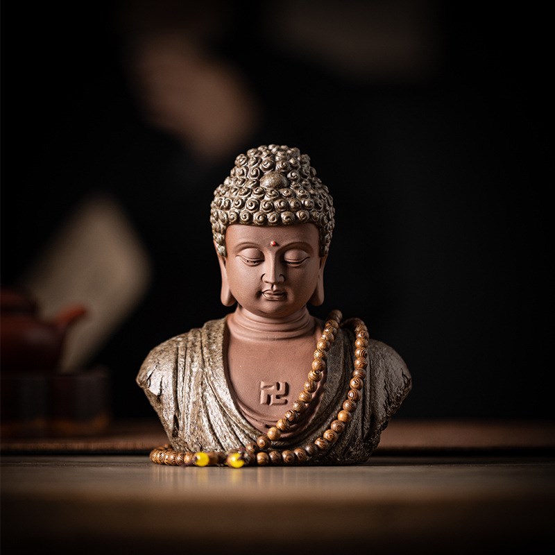 中式禅意陶瓷释迦摩尼佛头佛像y家居玄关博古架装饰品鱼缸造景摆