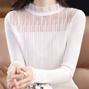 花边领蕾丝长袖 针织羊毛衫 气质款 内搭配开衫 立领打底 女P修身 薄款