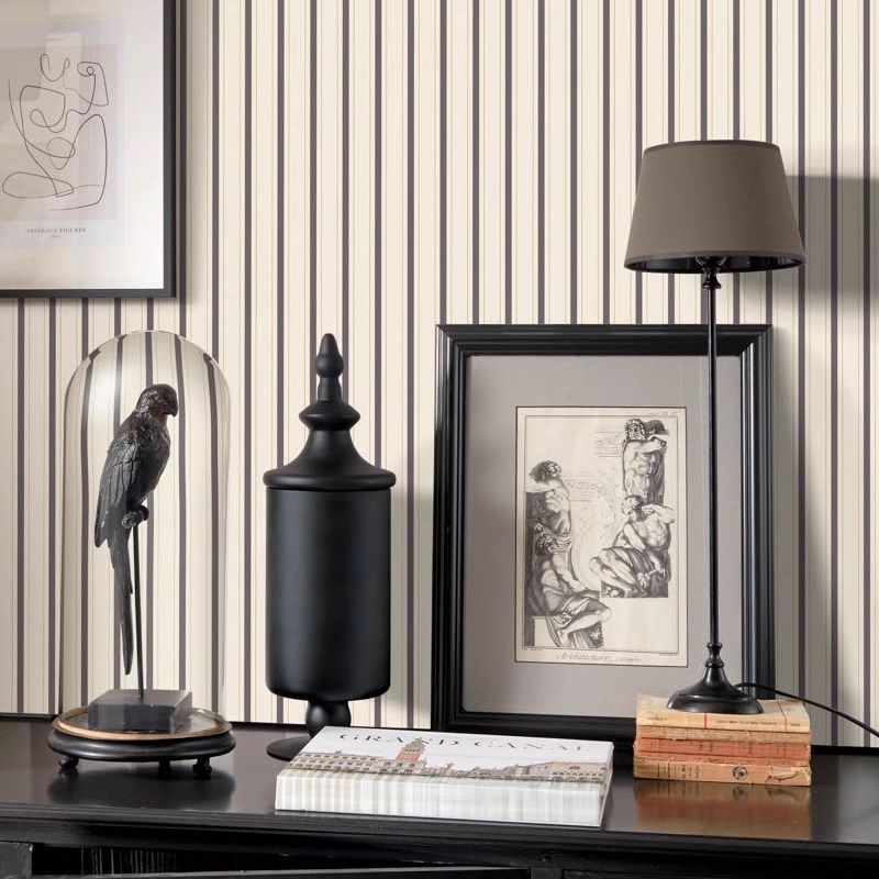 法国现代简约墙纸英伦风复古条y纹卧室书房满贴壁纸高档环保无纺