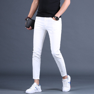 男士 潮流9分小脚休闲百搭白色男裤 九分裤 修身 潮牌弹力夏季 牛仔裤