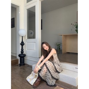 法式 碎花吊带连衣 甜美穿搭蕾丝花n边拼接蛋糕裙夏季 小众显瘦长款