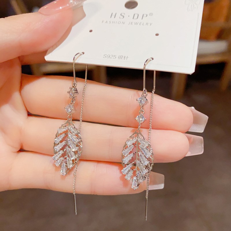 小众设计感微镶锆石镂空树叶流苏耳线女气质时尚百搭超闪耳环