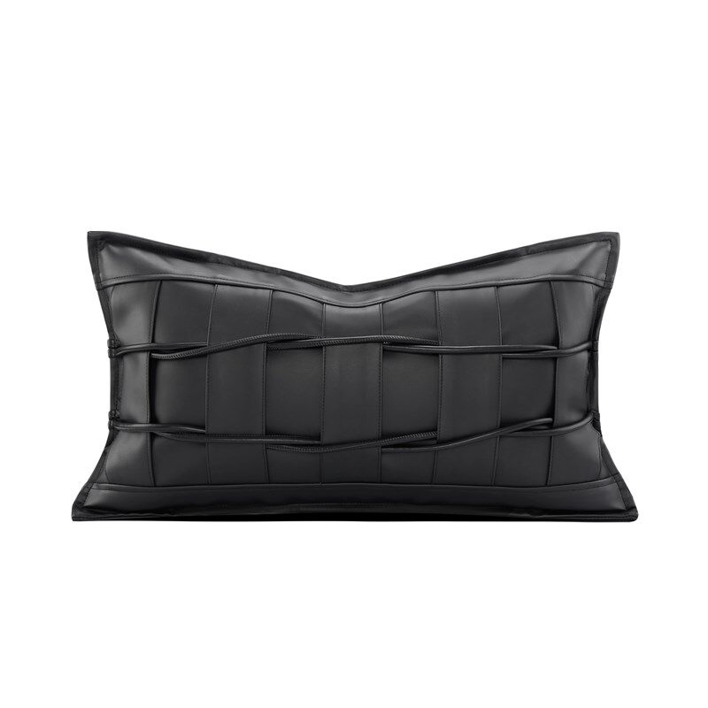 黑色创意皮革拼接定制腰靠垫现代简约H样板房意式轻奢抱枕沙发客