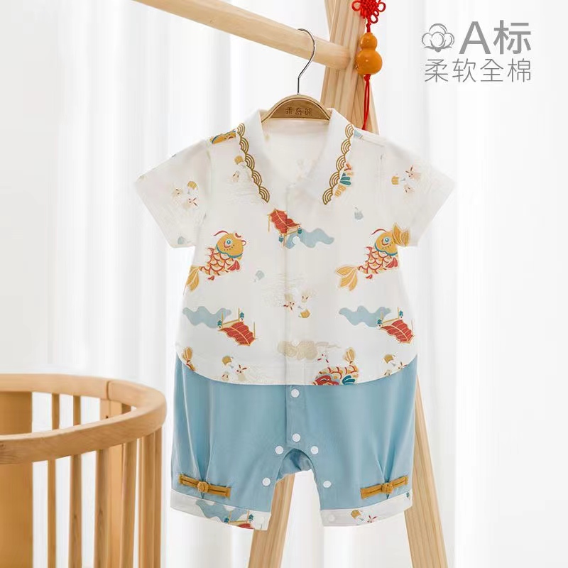 婴儿夏季纯棉f短袖连体衣中国风新生宝宝薄款哈衣夏天衣服外出潮