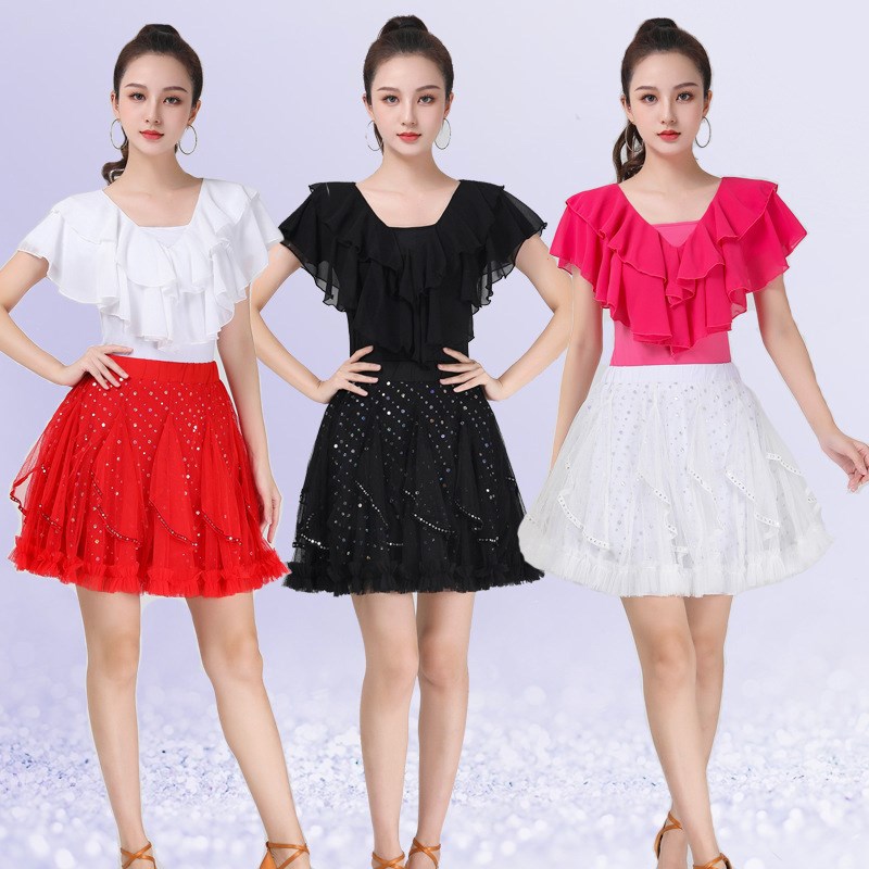 广场舞裙子水f兵舞半身裙吉特巴舞裙红白色拉丁舞大摆亮片跳舞短